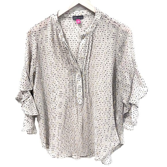 Vince Camuto Blouse XS Flutter Sleeve Beige Gold Metallic - Picture 2 of 6